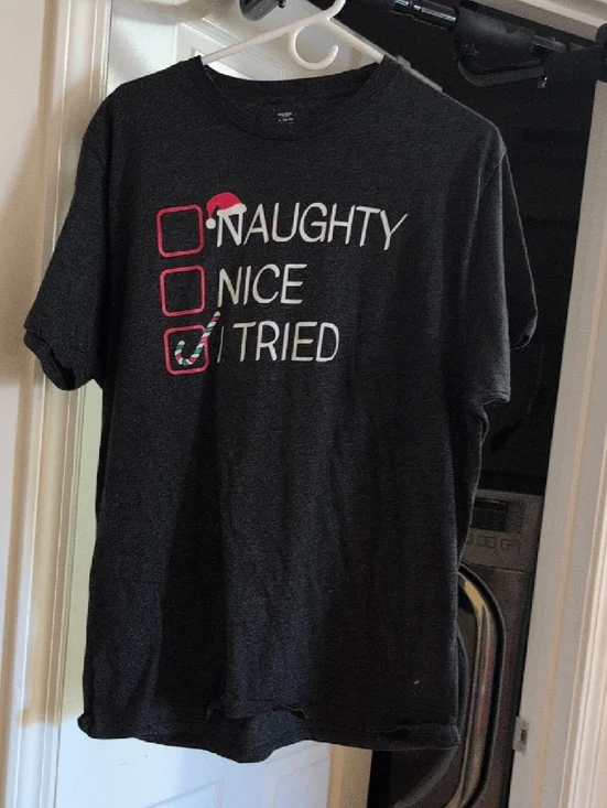 Black Holiday Graphic Tee - "Naughty Nice I Tried" XL Unisex - Picture 3 of 3